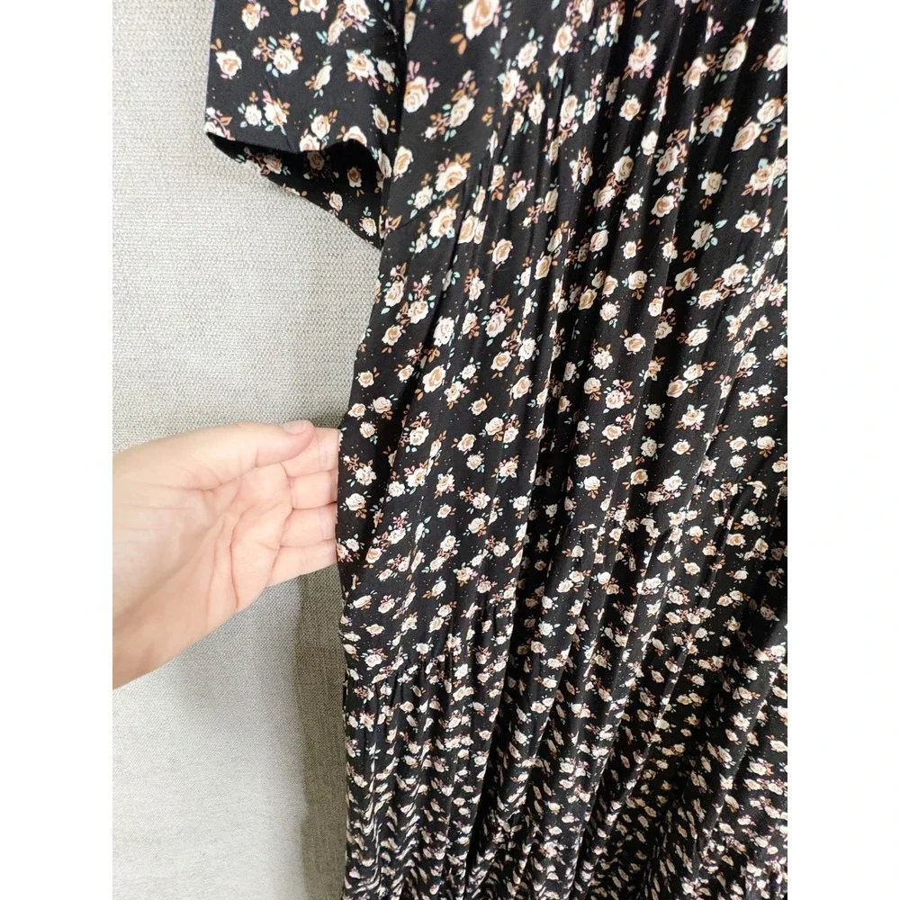 Natural Life Dress Womens Large Black Floral Maxi Tiered Pockets Boho Prairie